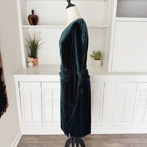 Ralph Lauren Dark Green Velvet Puff-Sleeve Ruched Cocktail Dress Size 16 - Picture 5 of 8